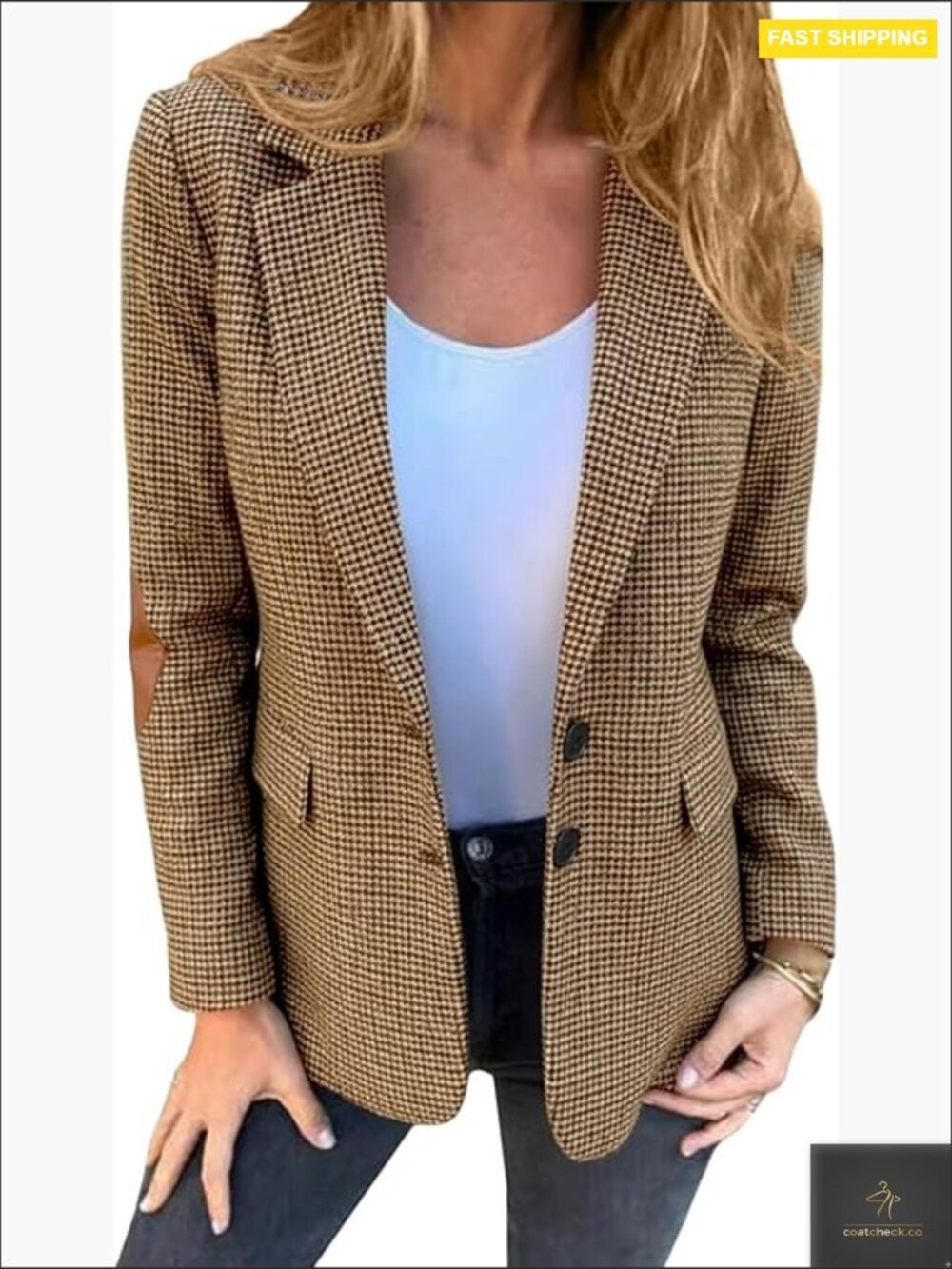 Tweed Blazer Houndstooth Plaid Business Casual Work Office Dressy Jacket